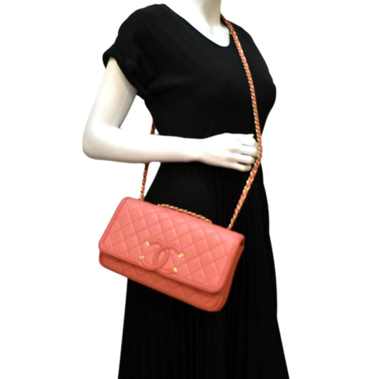 CHANEL CC Filigree Medium Flap Caviar Leather Crossbody Bag Pink