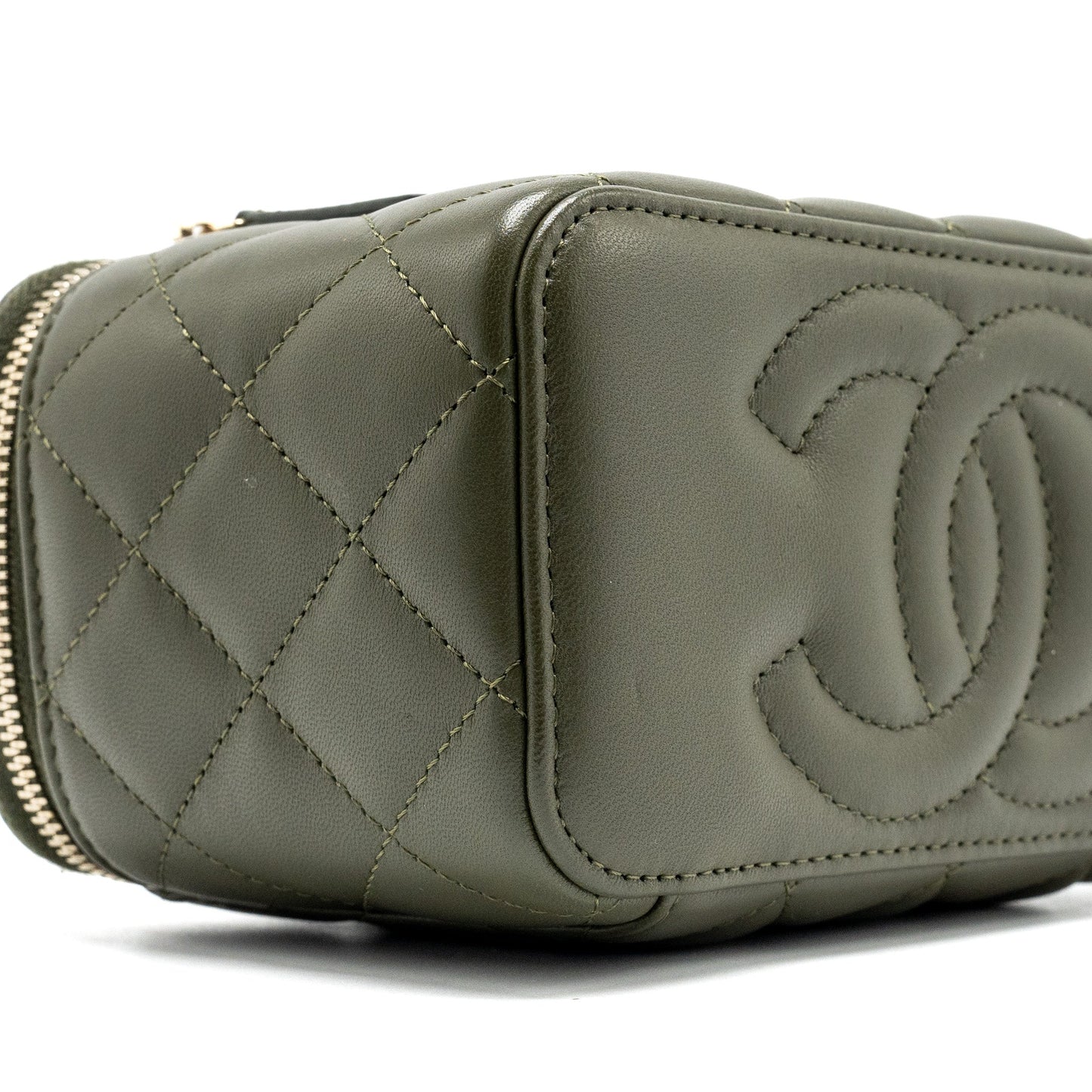 Chanel Detail Top Handle Long Vanity With Chain Lambskin Dark Green GHW (Microchip)