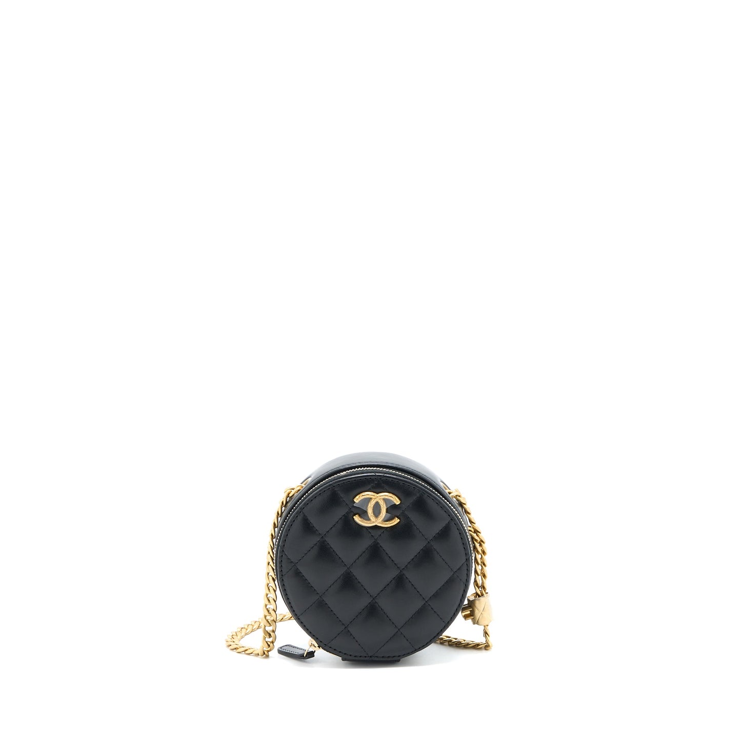 Chanel 22K Gold Pillar Round Clutch With Chain Lambskin Black Brushed GHW