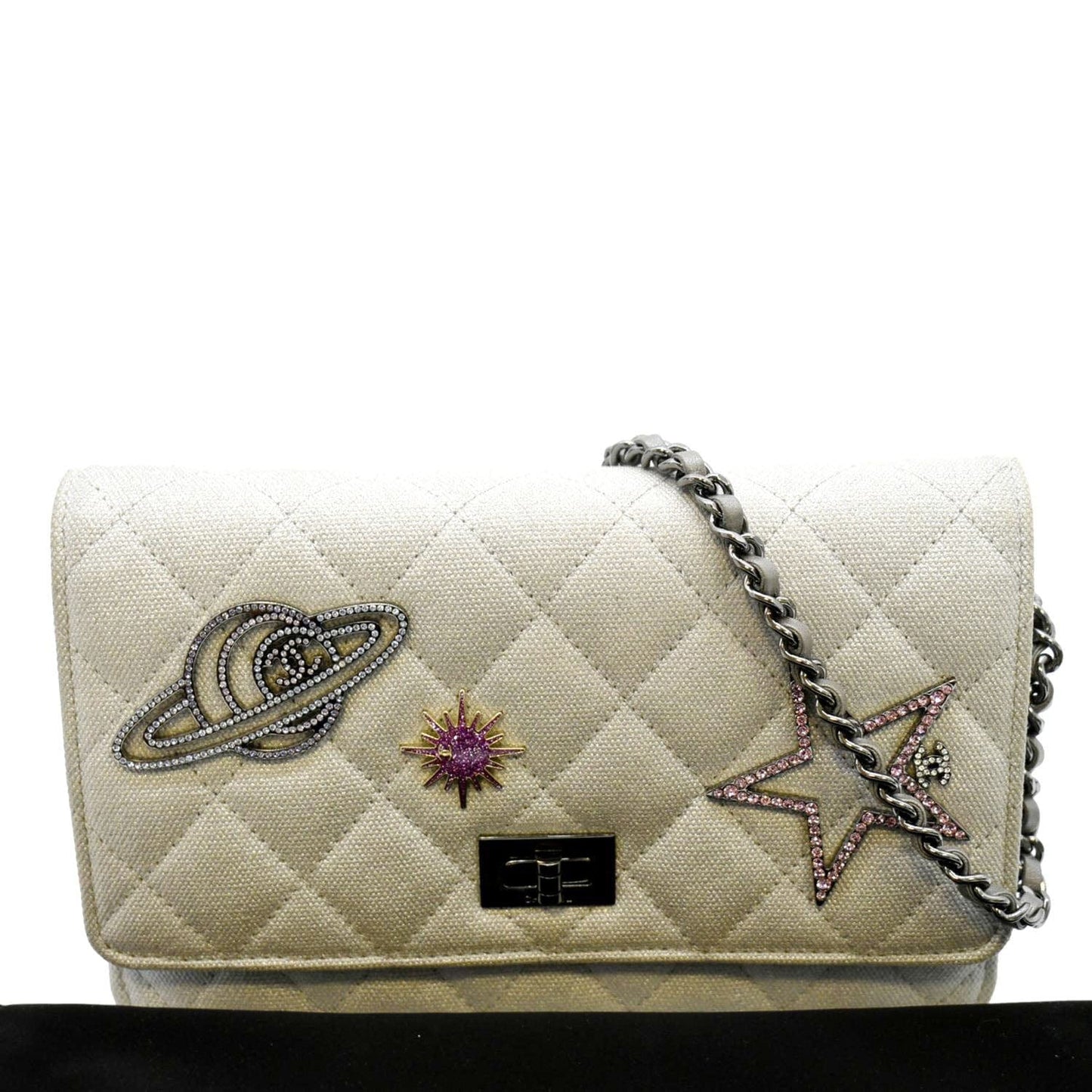 Luxury Chanel Classic 2.55 Reissue Space Charm Quilted Canvas WOC Crossbody Bag Light Grey