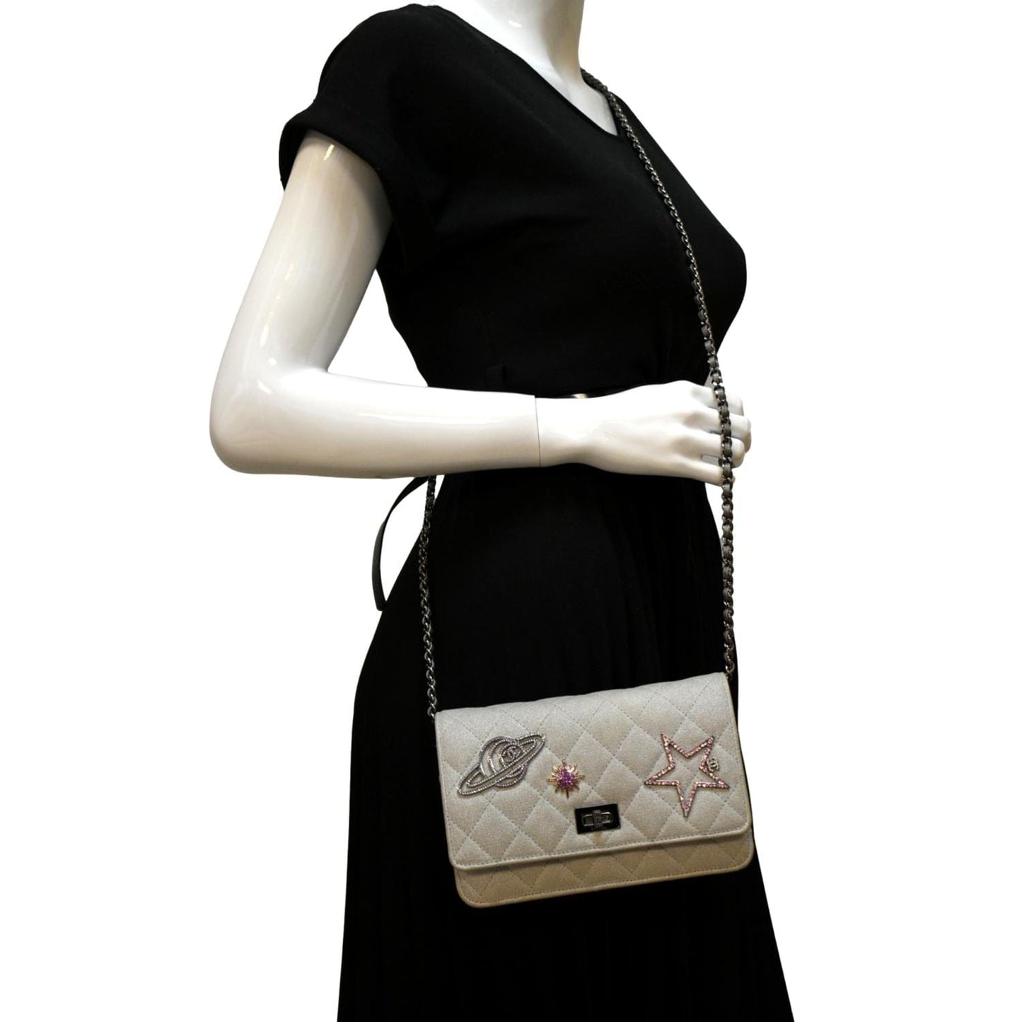 Luxury Chanel Classic 2.55 Reissue Space Charm Quilted Canvas WOC Crossbody Bag Light Grey