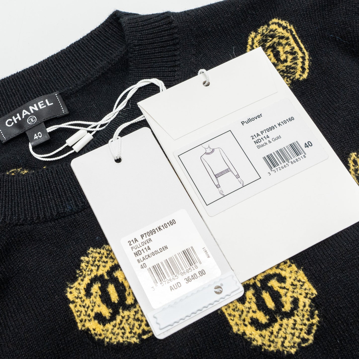 Chanel Size 40 21A Pullover sweater/CASHMERE Black/Gold