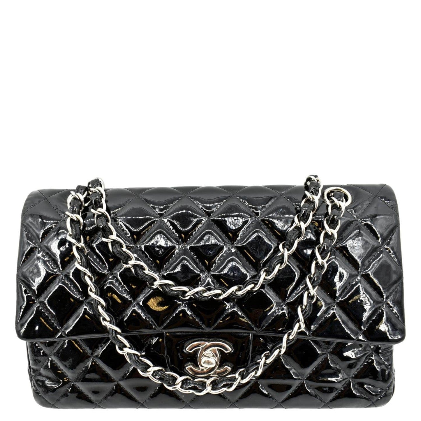 Luxury Chanel Classic Medium Double Flap Patent Leather Shoulder Bag Black