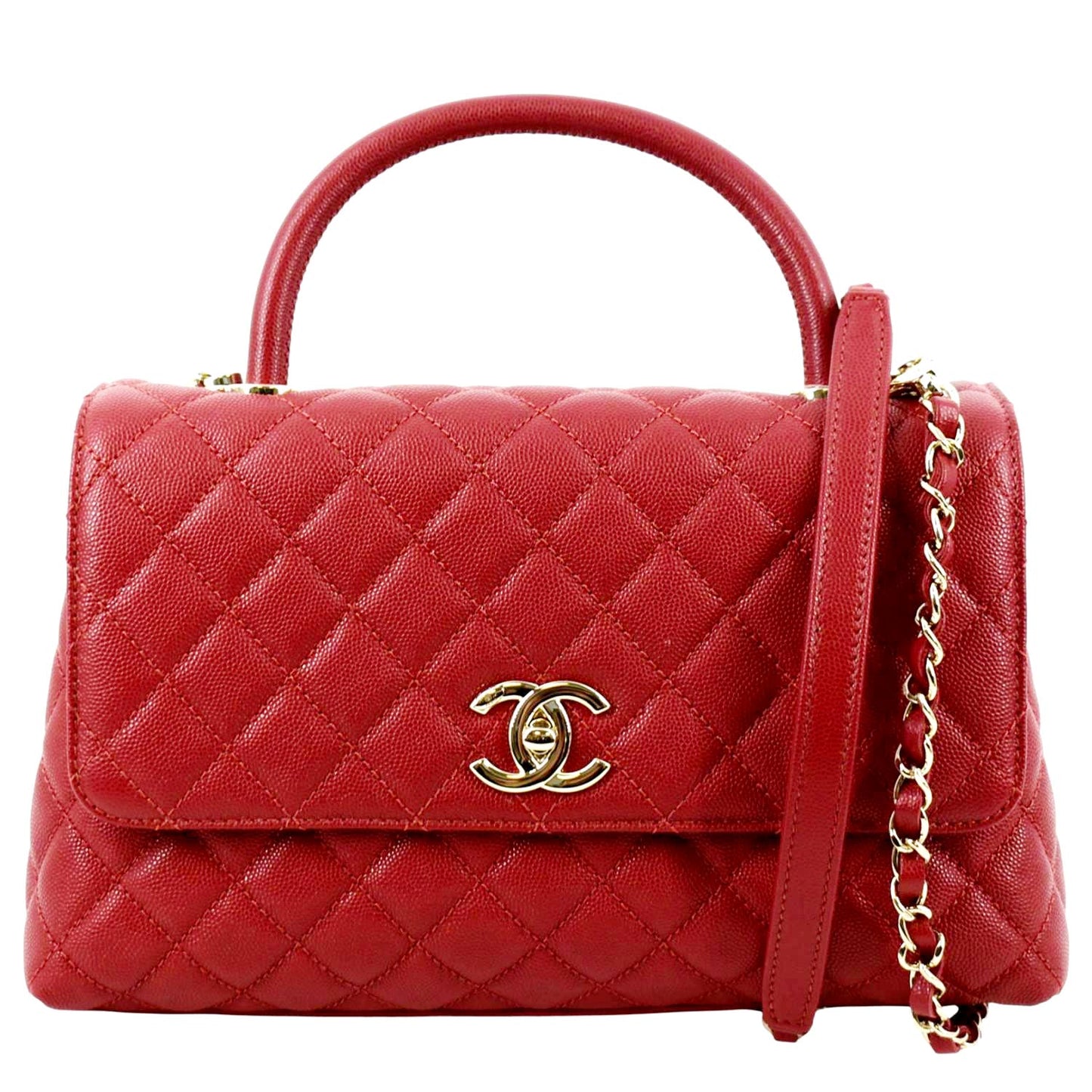 Luxury Chanel Medium Coco Quilted Caviar Leather Top Handle Shoulder Bag Red