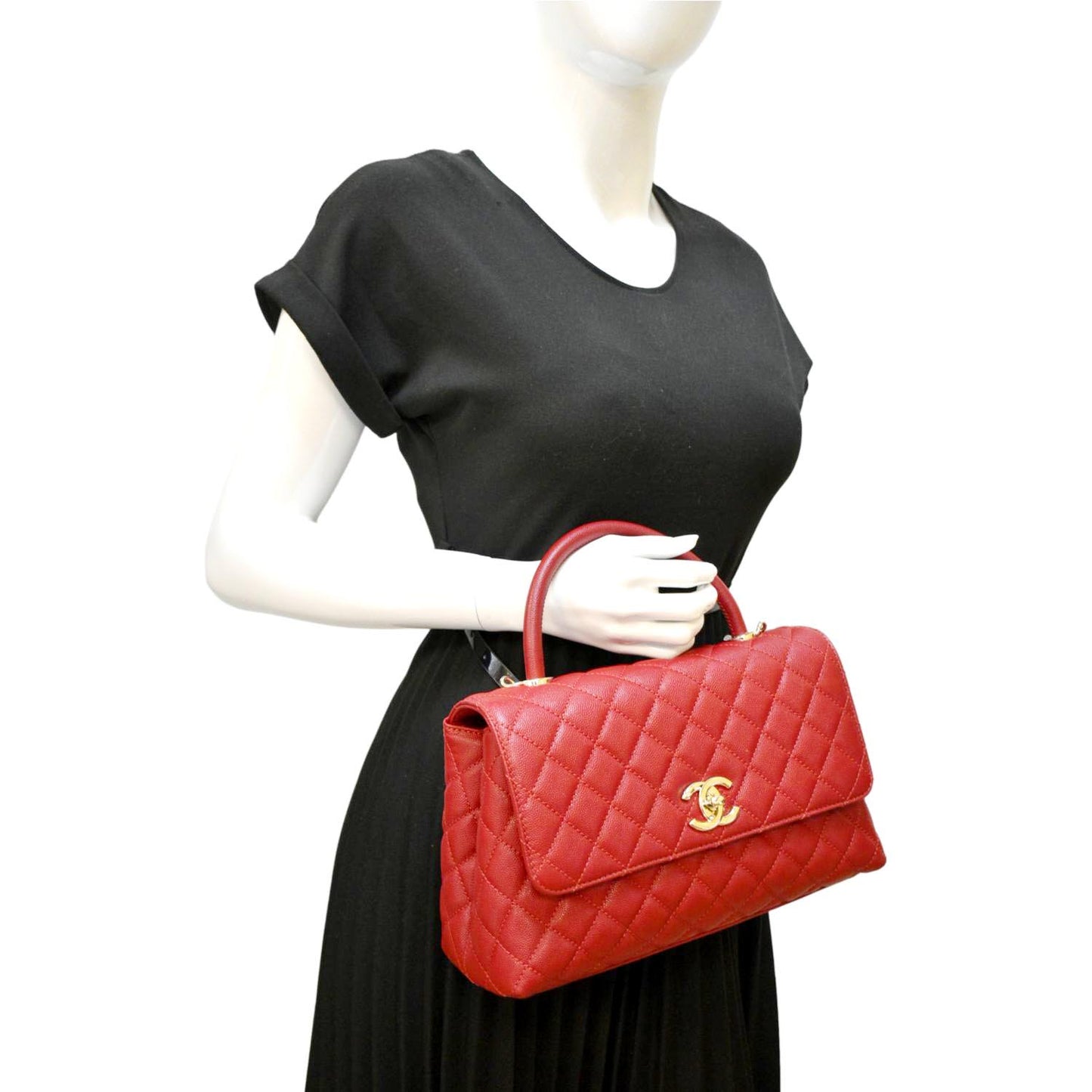 Luxury Chanel Medium Coco Quilted Caviar Leather Top Handle Shoulder Bag Red