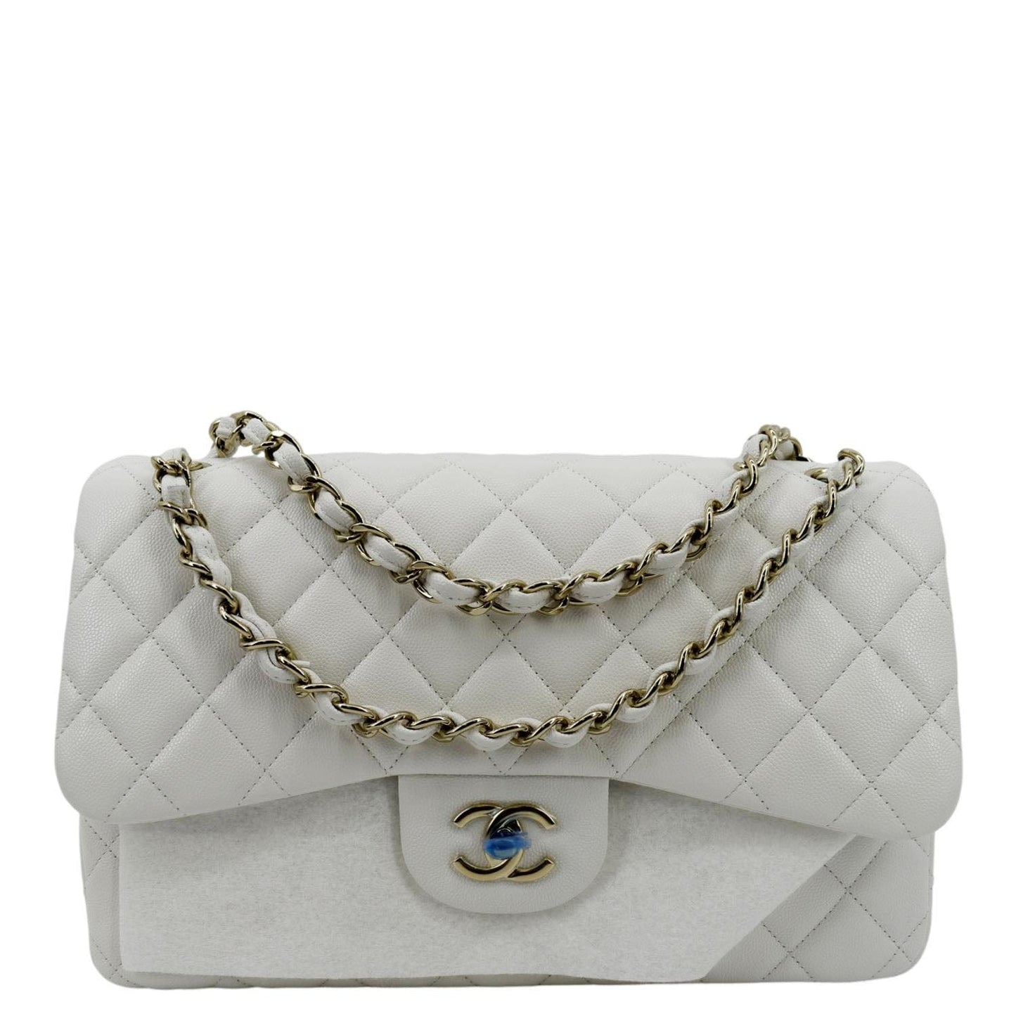 Luxury Chanel Jumbo Double Flap Quilted Caviar Leather Shoulder Bag White