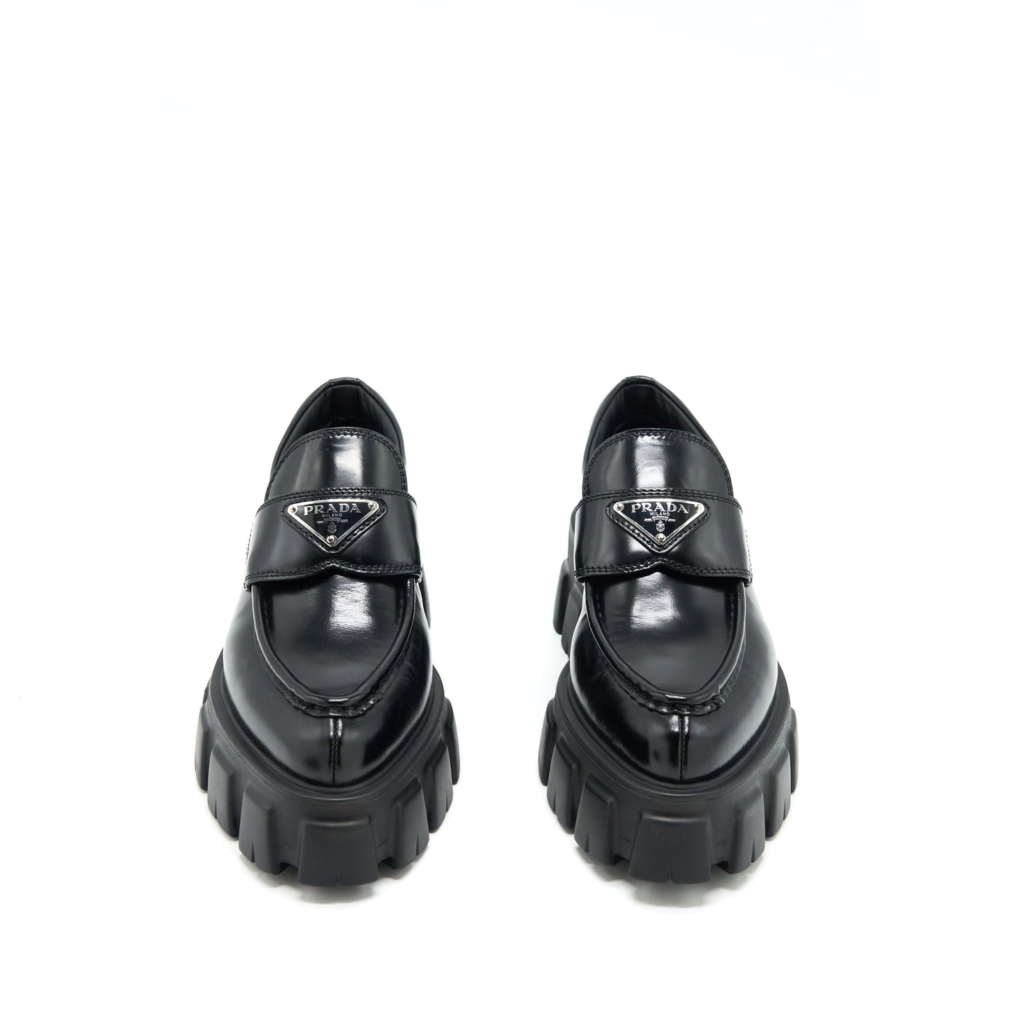 Prada Size 37 Monolith Brushed Leather Pointed Loafers Black
