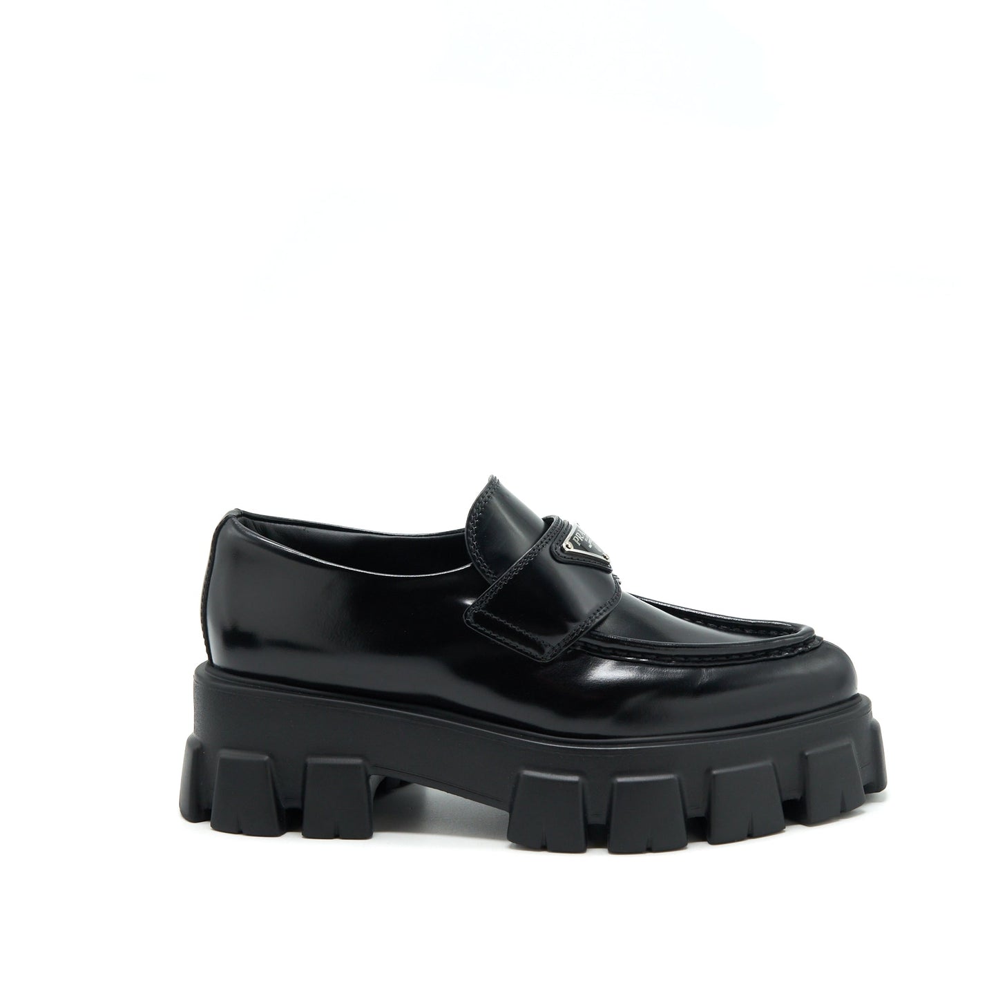 Prada Size 37 Monolith Brushed Leather Pointed Loafers Black