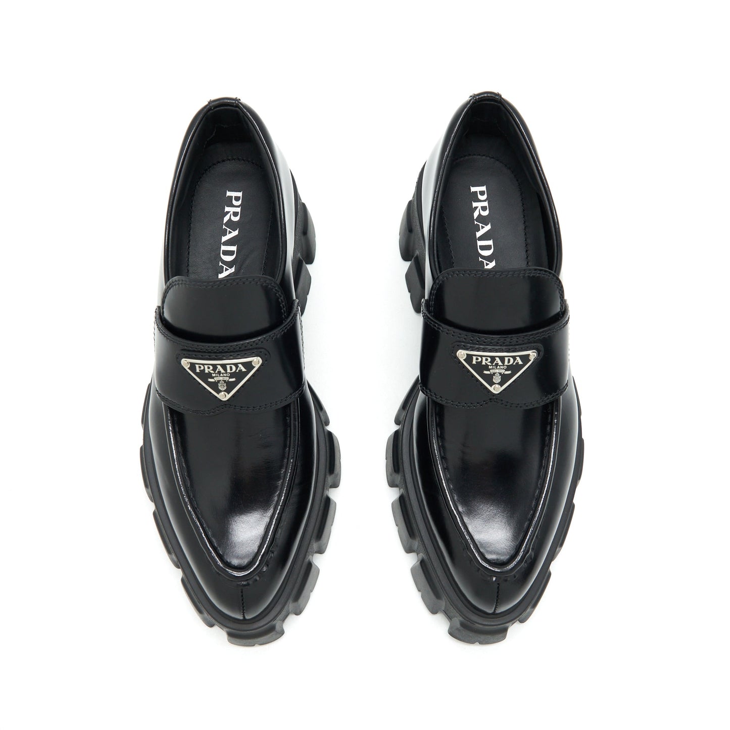 Prada Size 37 Monolith Brushed Leather Pointed Loafers Black