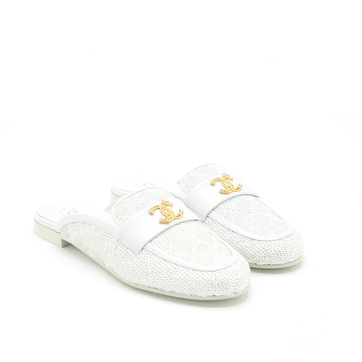 Chanel Size 38 CC Logo Sequins Lambskin Mule White GHW