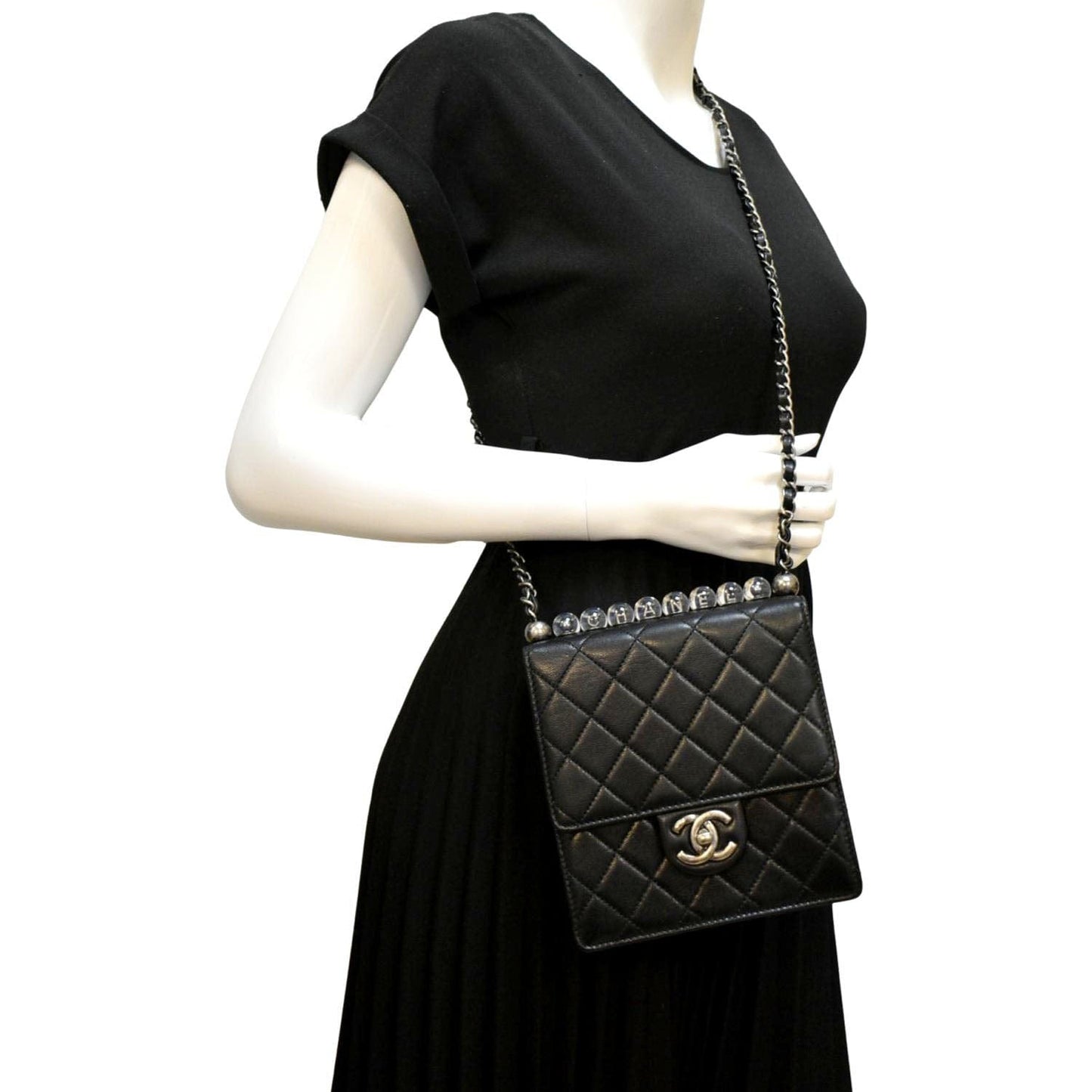 Luxury Chanel Chic Pearls Flap Quilted Calfskin Leather Shoulder Bag Black