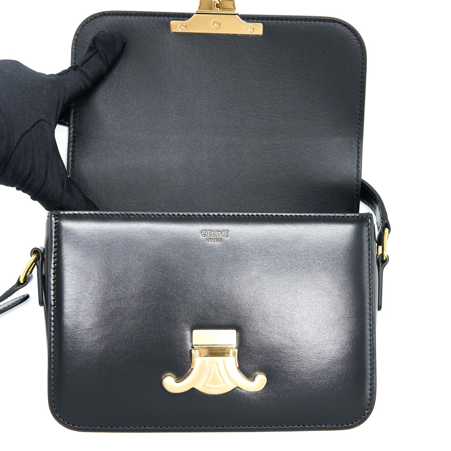 Celine Teen Triomphe Bag In Shiny Calfskin Black GHW