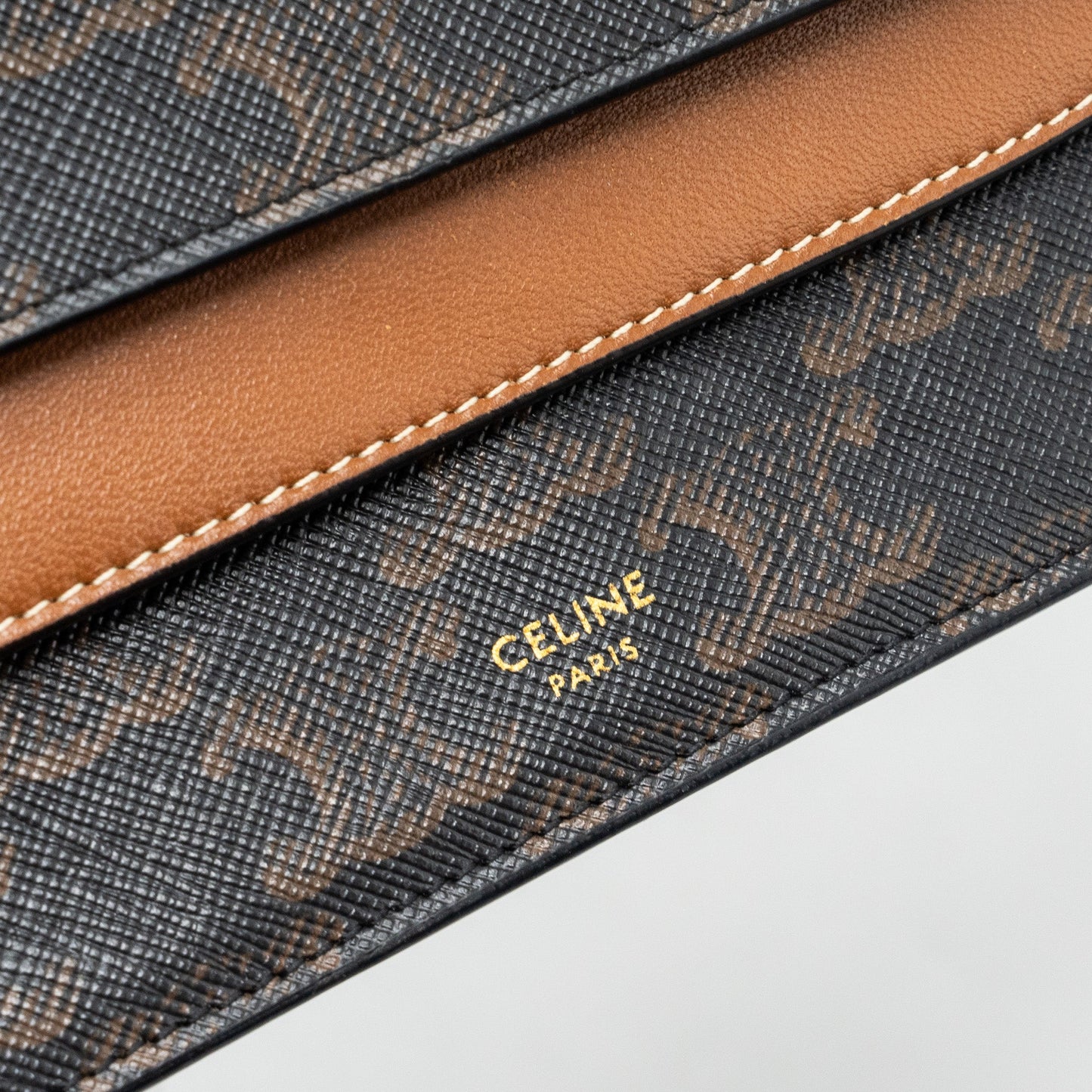 Celine Wallet on Strap Triomphe Canvas/Smooth Lambskin TAN GHW