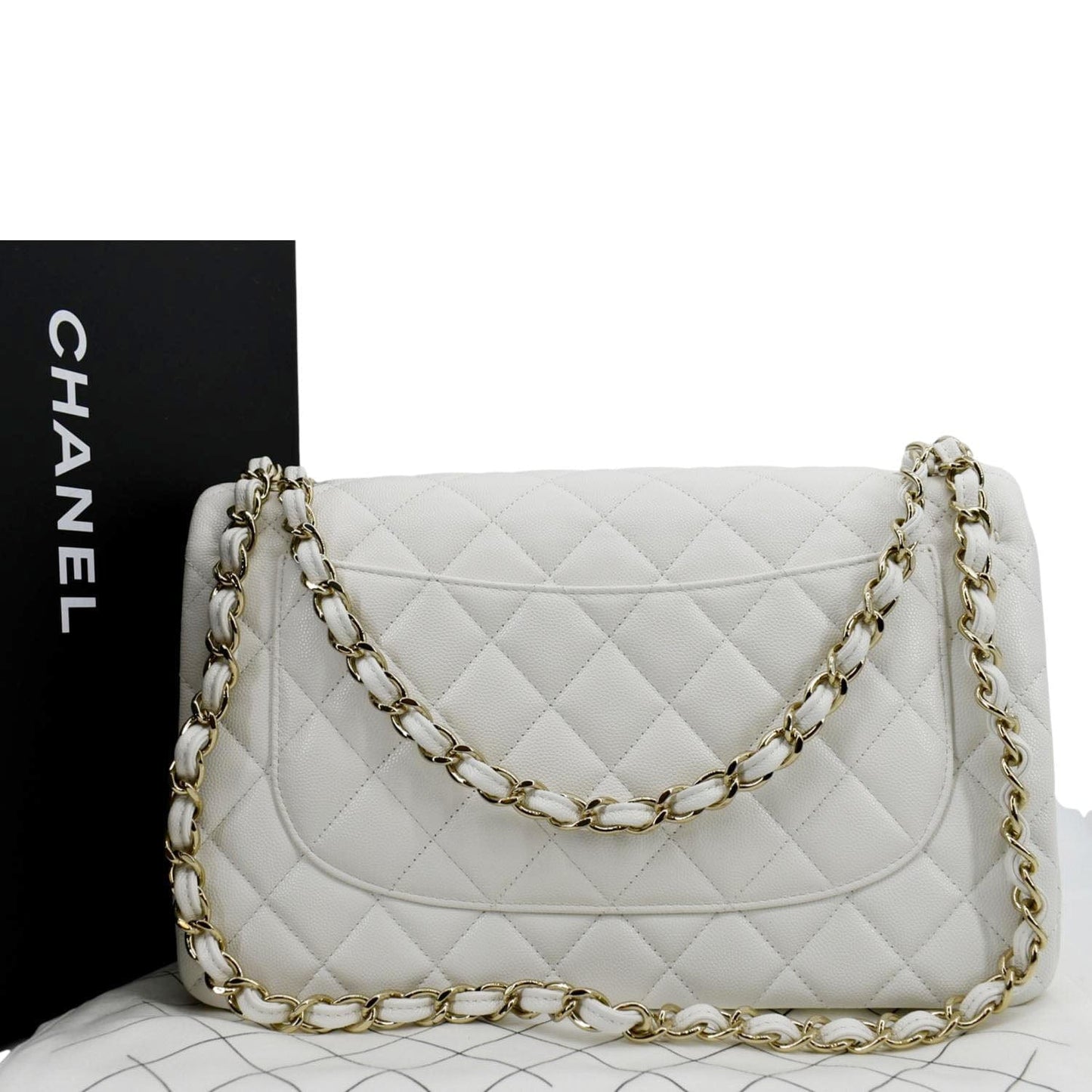 Luxury Chanel Jumbo Double Flap Quilted Caviar Leather Shoulder Bag White
