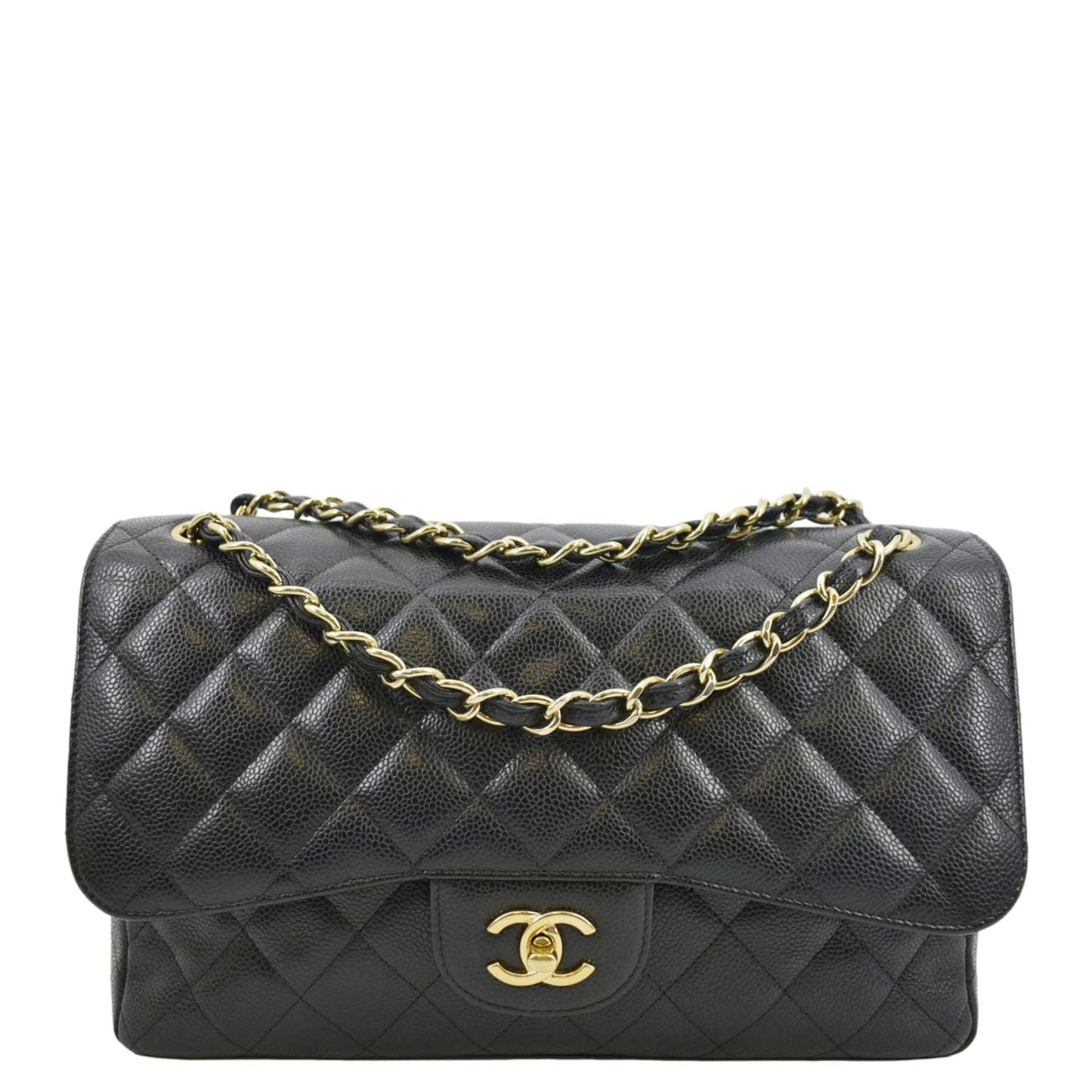 Luxury Chanel Classic Jumbo Double Flap Quilted Caviar Leather Shoulder Bag Black