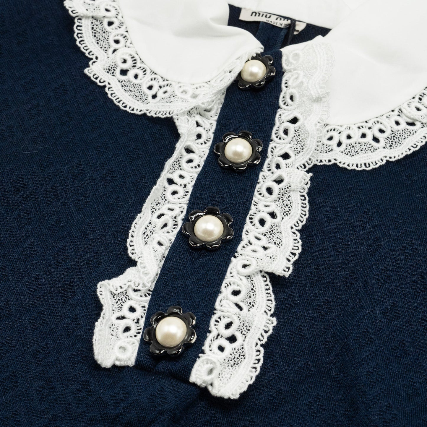 MIU MIU Size XS Lace Collar Jacquard Dress With Pearl Cotton/Polyamide Navy/White