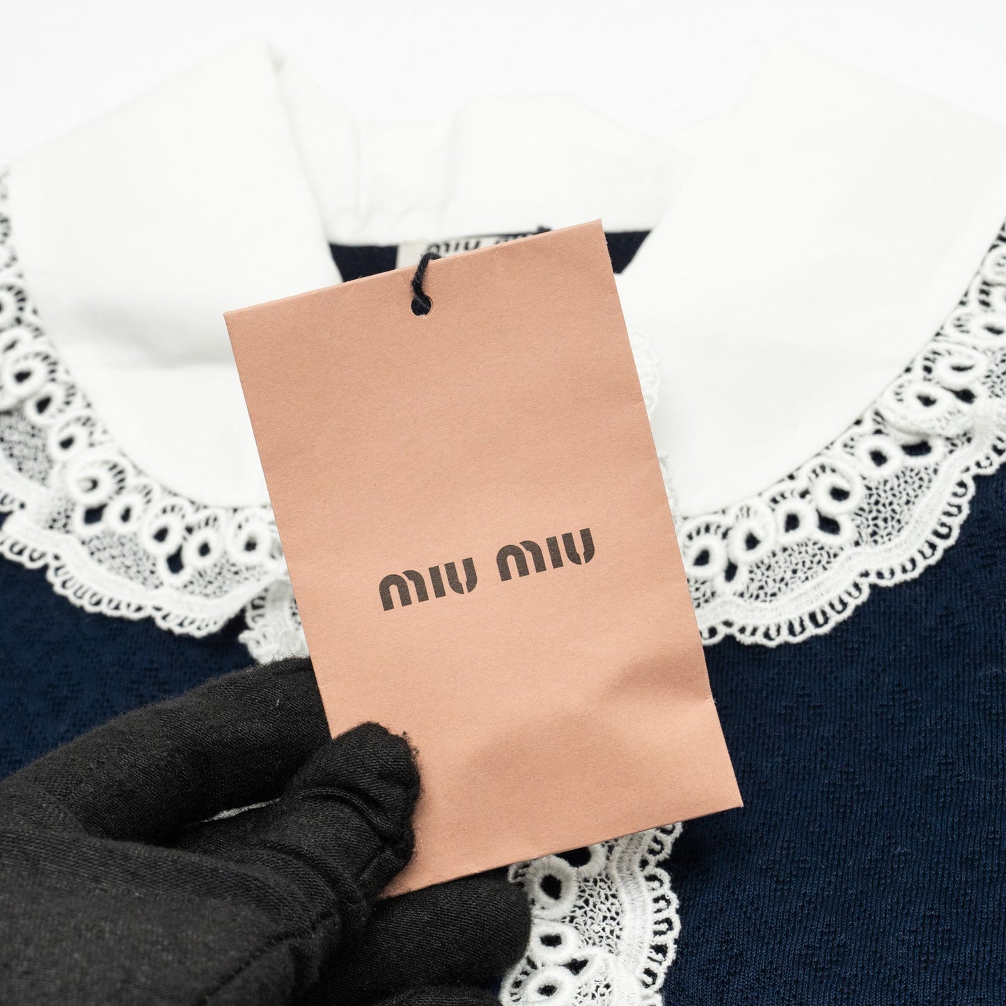 MIU MIU Size XS Lace Collar Jacquard Dress With Pearl Cotton/Polyamide Navy/White