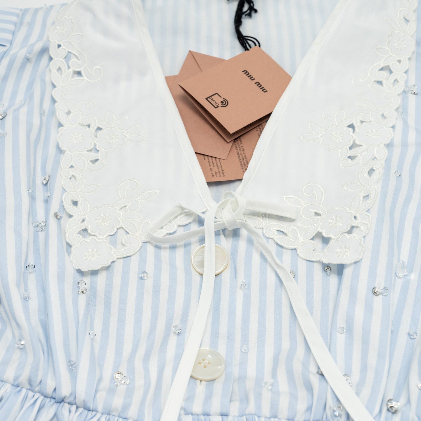 MIU MIU Size 36 Lace Collar Striped Dress With Crystal Cotton White/Blue