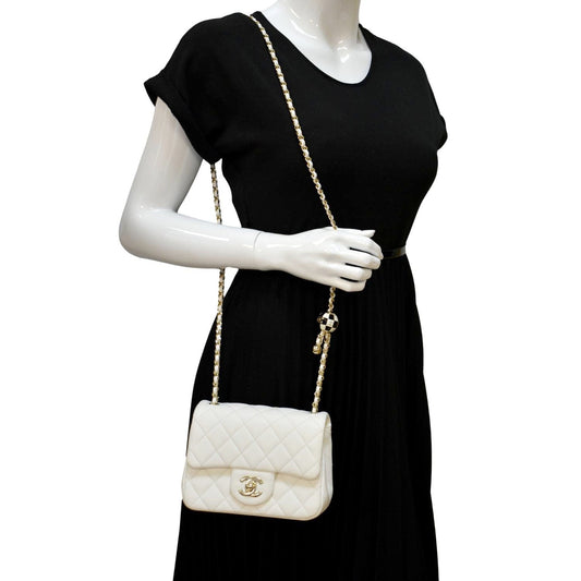 Luxury Chanel Pearl Crush Mini Square Flap Leather Crossbody Bag White