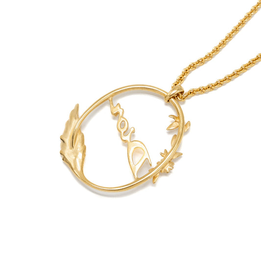 Luxury Dior Flora and Wing Circle Pendant Necklace Gold Tone