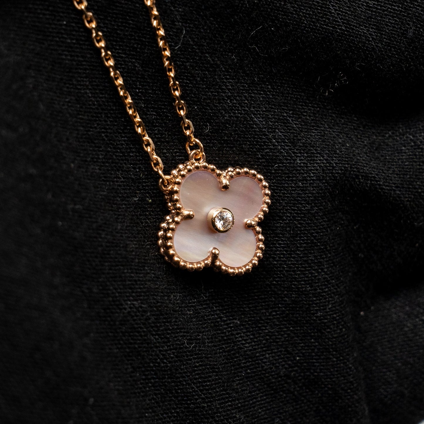 Van Cleef & Arpels 2025 Holiday Vintage Alhambra Pendant, Rose Gold, Pink Mother-of-Pearl, Diamond