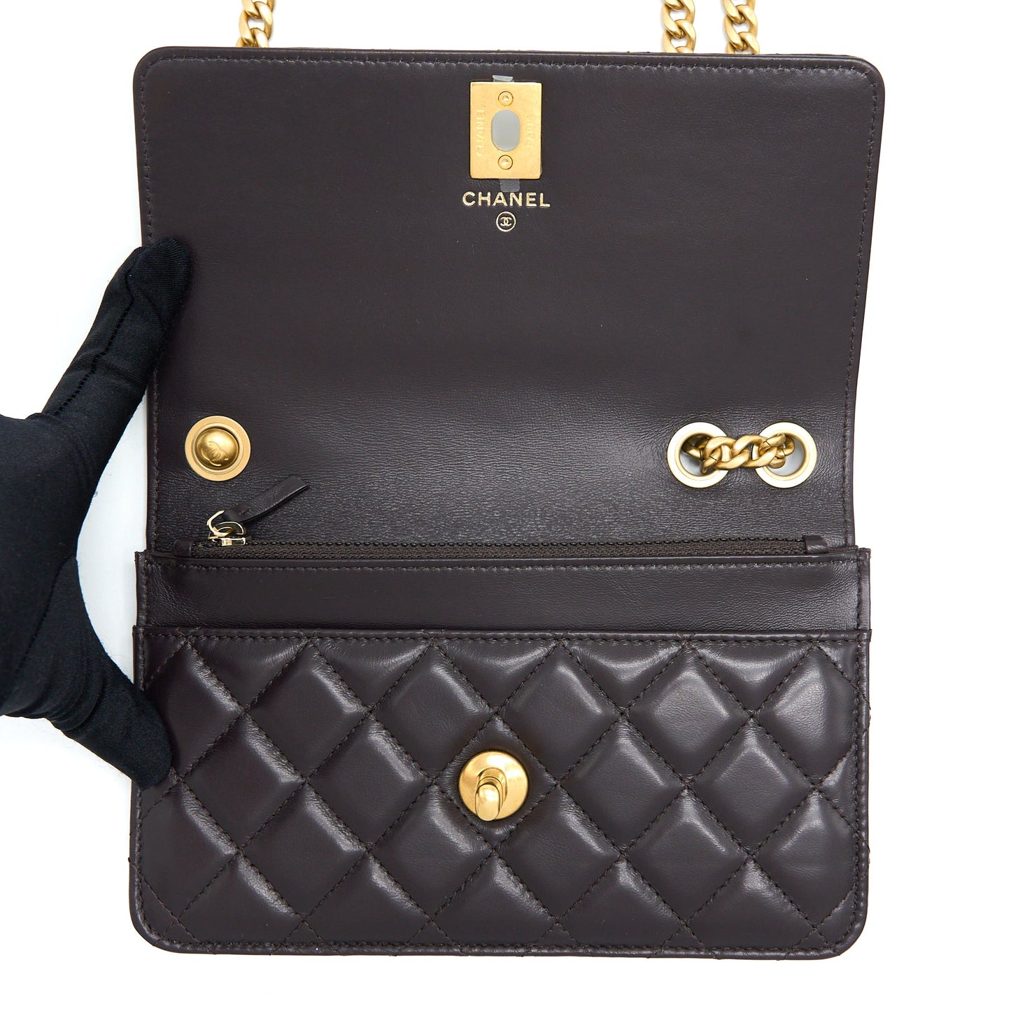 Chanel Gold Pillar Wallet On Chain Lambskin Dark Brown Brushed GHW(Microchip)
