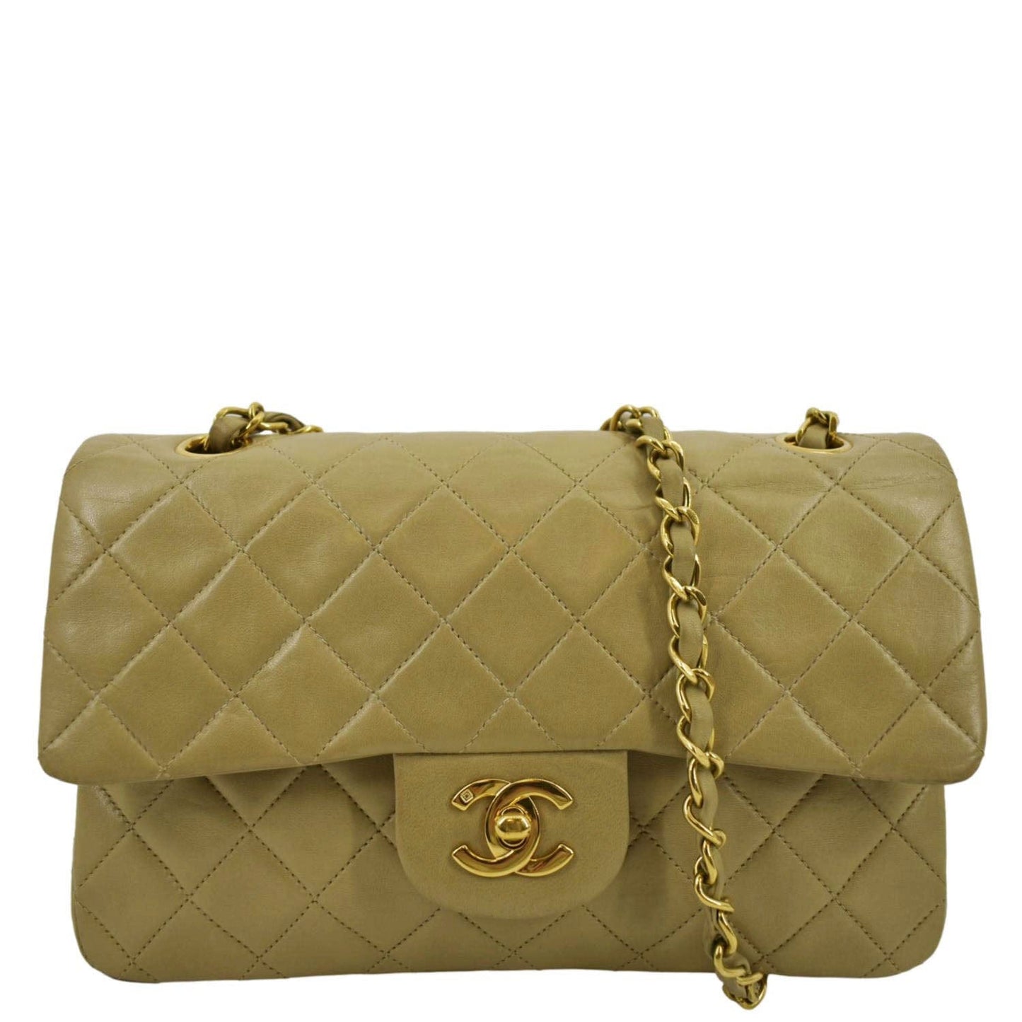 CHANEL Classic Double Flap Leather Shoulder Bag Beige