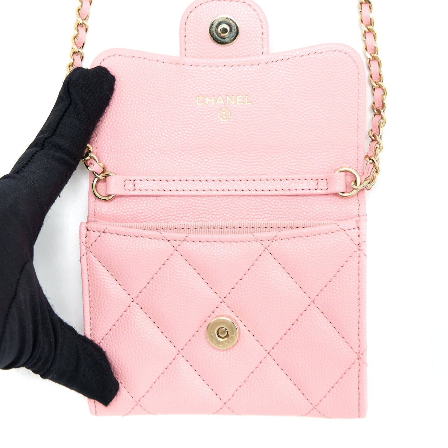 Chanel 22C Flap Card Holder with Chain Caviar Pink LGHW