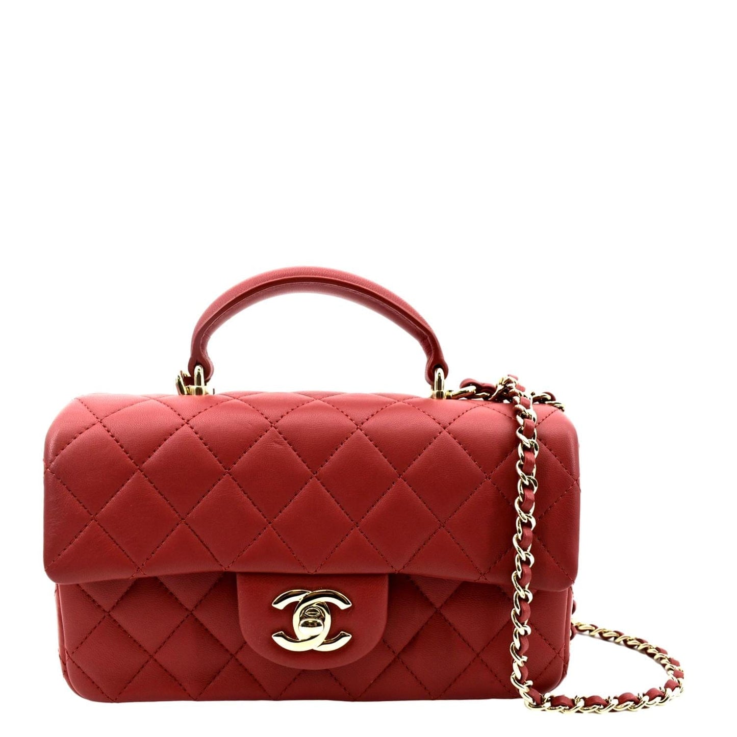 Luxury Chanel Mini Top Handle Rectangular Flap Quilted Leather Crossbody Bag Red