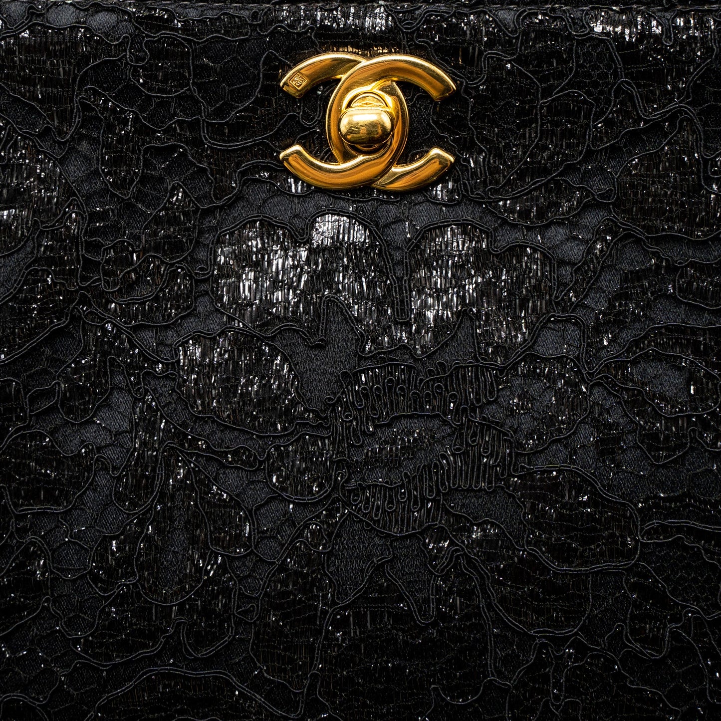Chanel Vintage Double Sided Tumlock Handbag Laced Satin Black GHW