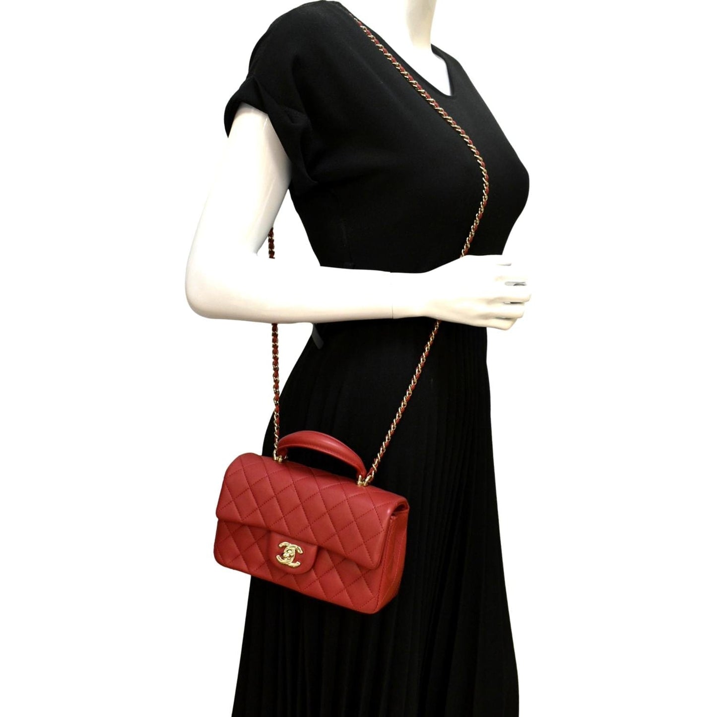 Luxury Chanel Mini Top Handle Rectangular Flap Quilted Leather Crossbody Bag Red