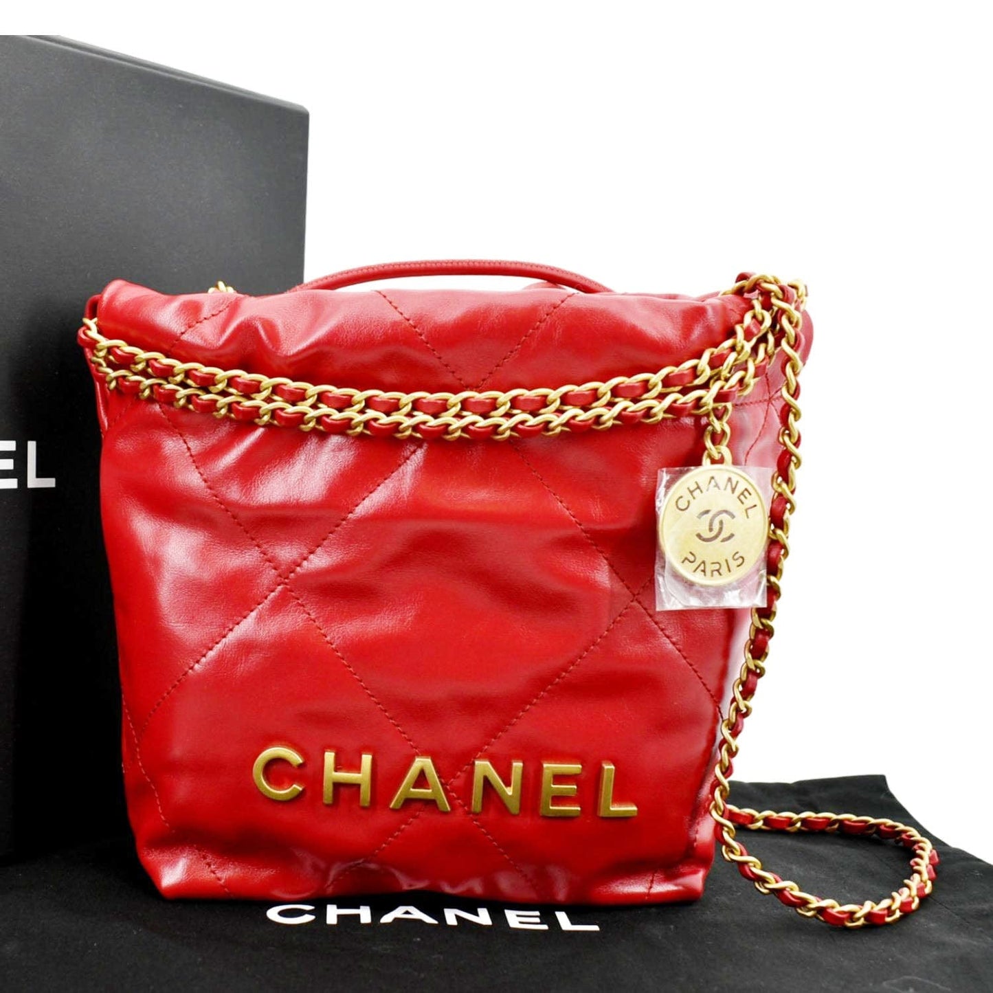 Luxury Chanel 22 Mini Chain Shiny Calfskin Leather Shoulder Bag Red