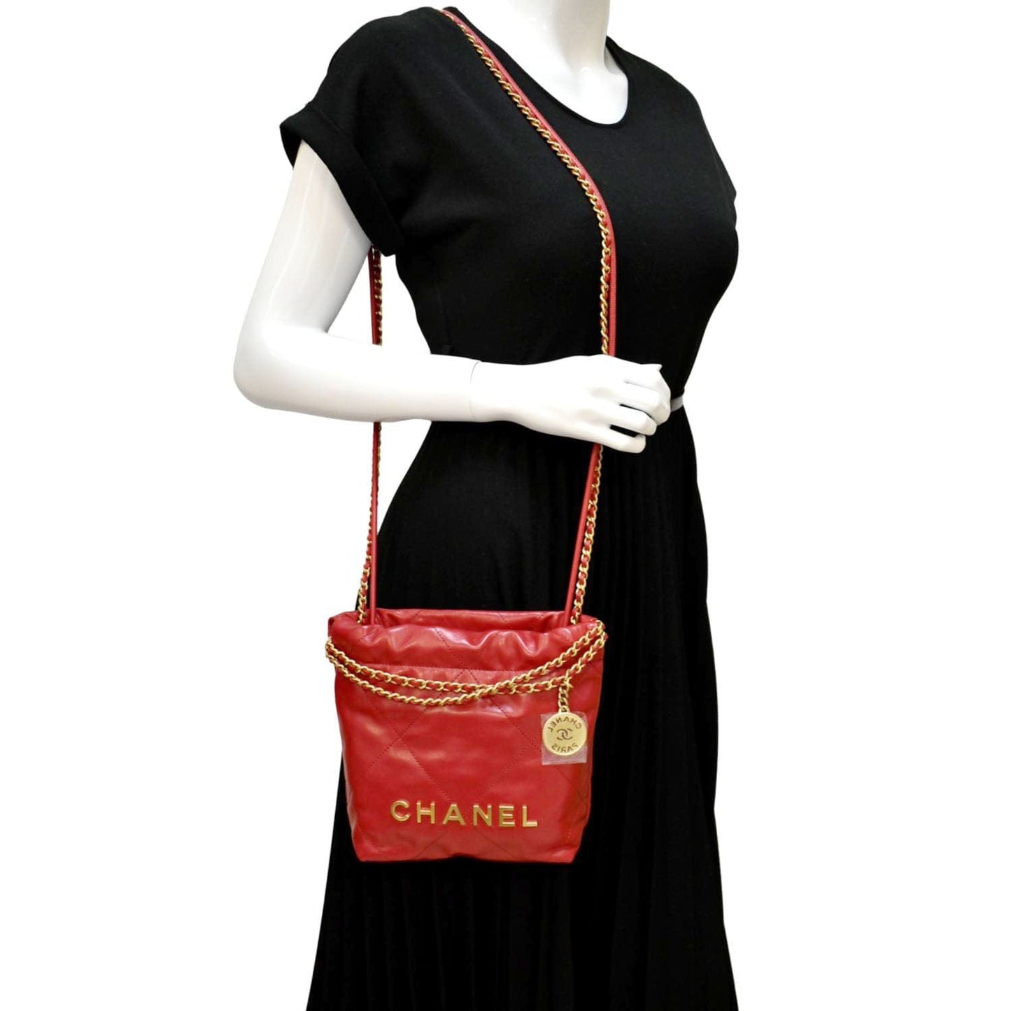 Luxury Chanel 22 Mini Chain Shiny Calfskin Leather Shoulder Bag Red