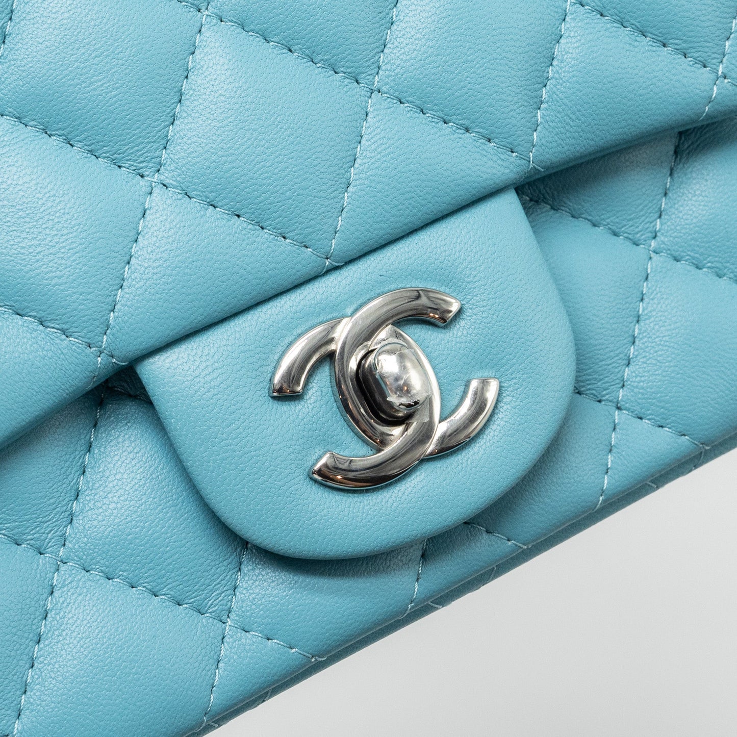 Chanel Mini Square flap bag lambskin Light Blue SHW (microchip)
