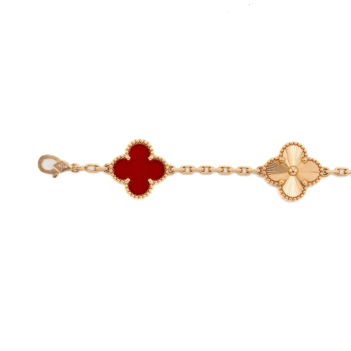 Van Cleef & Arpels Vintage Alhambra 5 Motifs Bracelet Guilloche Rose Gold/Carnelian