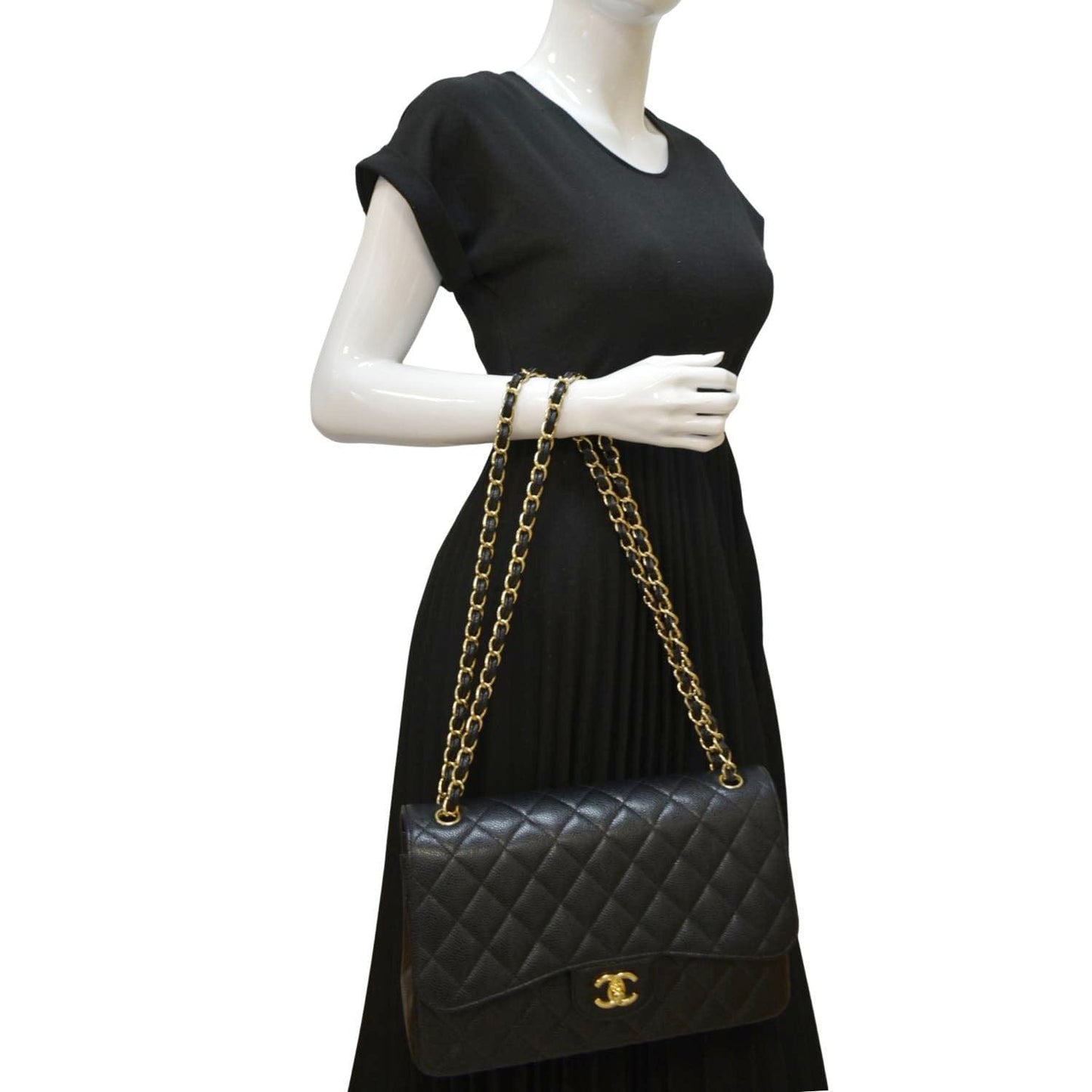 CHANEL Classic Medium Double Flap Quilted Caviar Leather Crossbody Bag Black