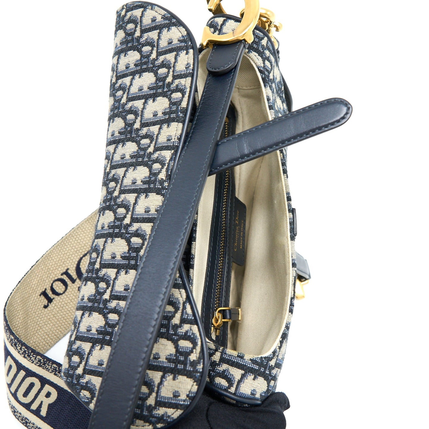 Luxury Dior Saddle Bag with Removable Shoulder Strap Oblique Embroidery Blue GHW