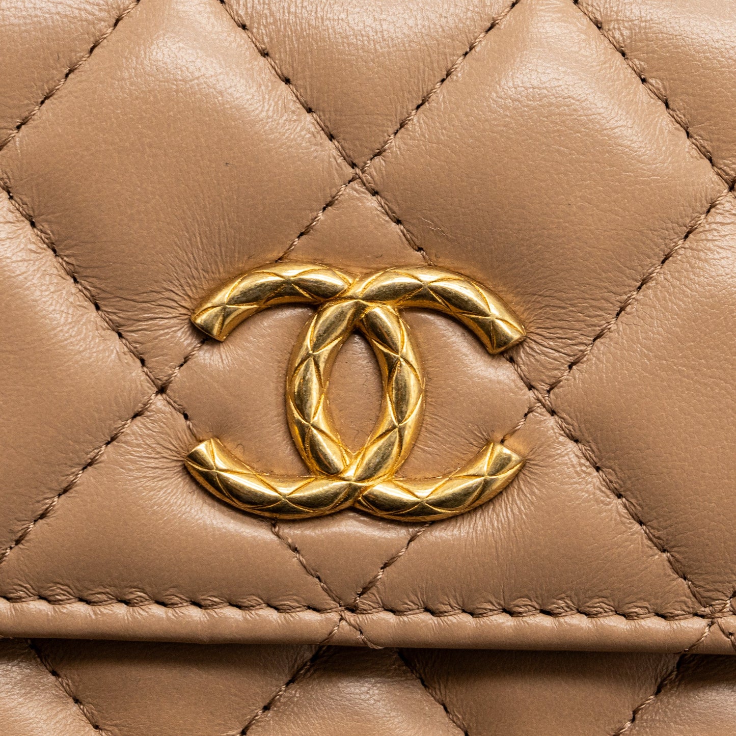 Chanel 22K gold pillar mini flap bag lambskin dark beige GHW (Microchip)
