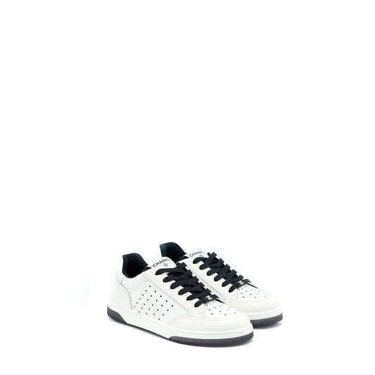 Chanel Size 37.5 Letter/CC Logo Sneaker Calfskin Black/White