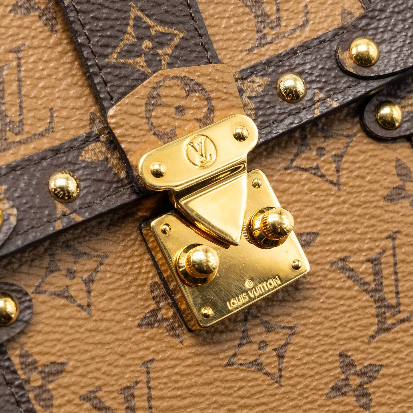 Louis Vuitton vertical trunk pochette with chain monogram reverse canvas GHW
