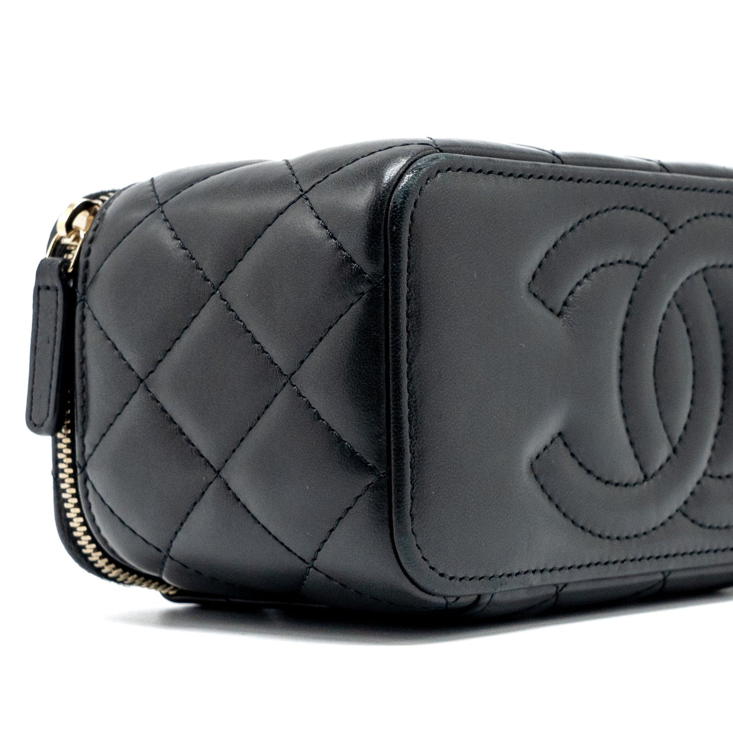 Chanel 22K Gold Pillar long vanity with adjustable chain lambskin black GHW (microchip)