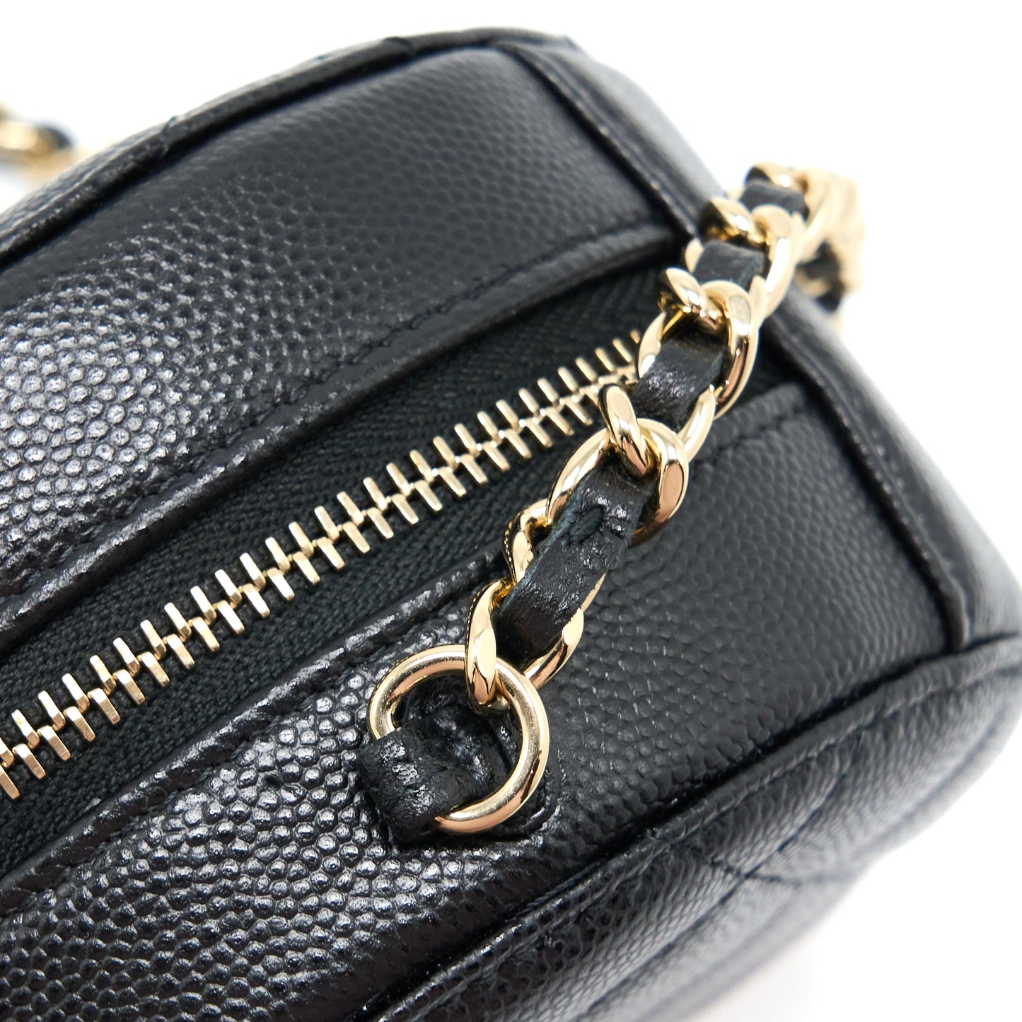 Chanel Crystal CC Logo Round Clutch with Chain Caviar Black LGHW