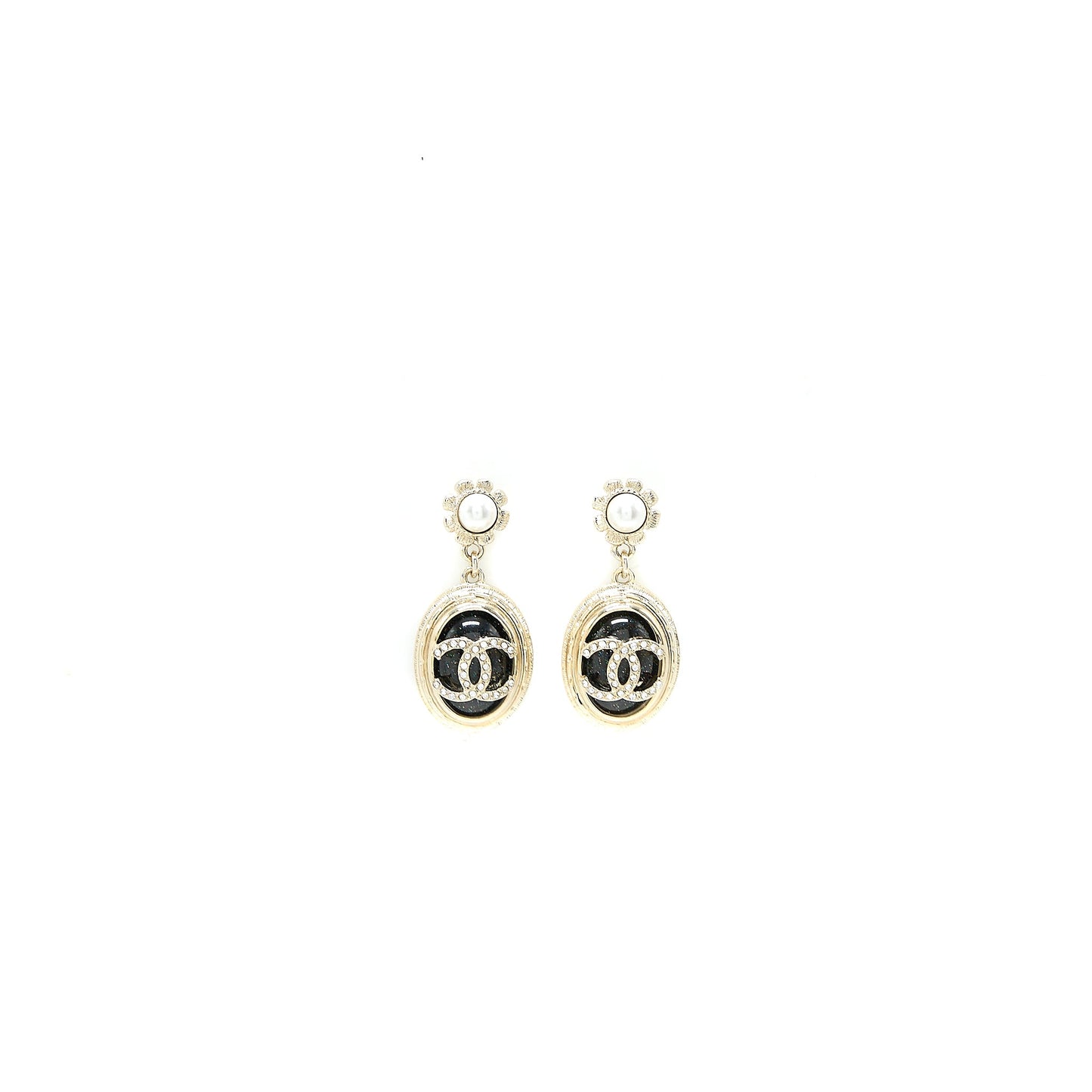 Chanel Round CC Logo Dropped  Black Crystal/Pearl Light Gold Tone