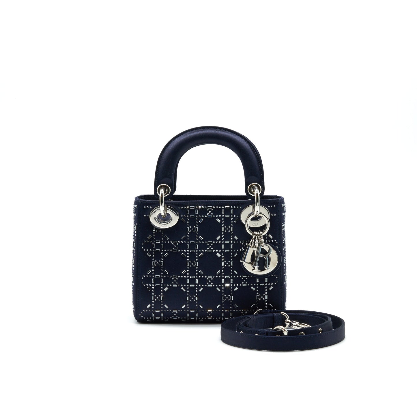 CHRISTIAN Luxury Dior Satin Crystal Cannage Mini Lady Luxury Dior in Navy