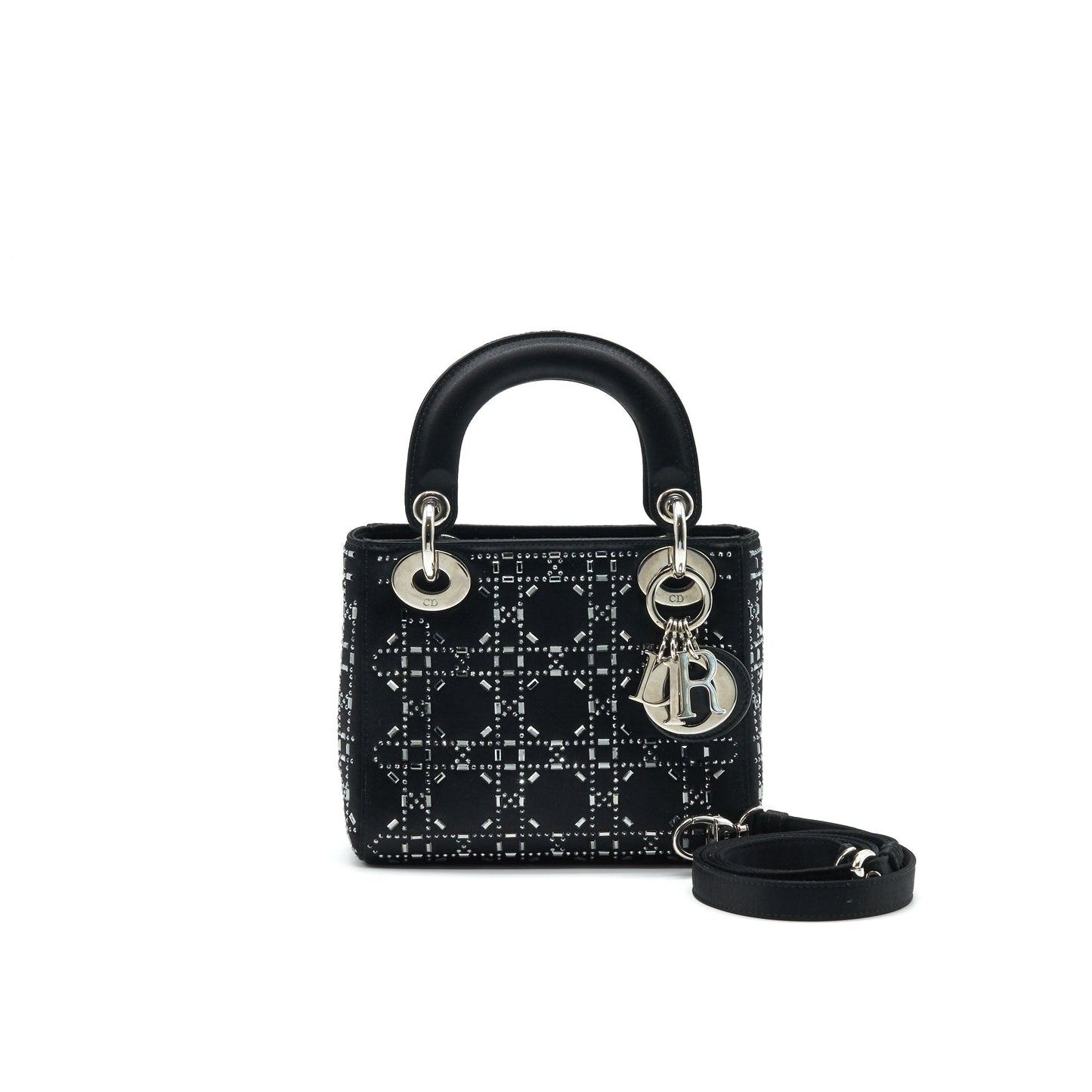 CHRISTIAN Luxury Dior Satin Crystal Cannage Mini Lady Luxury Dior Black