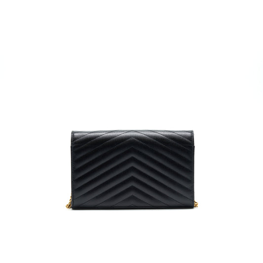 SAINT LAURENT Monogram Chain Wallet in Grain De Poudre Embossed Leather in Black