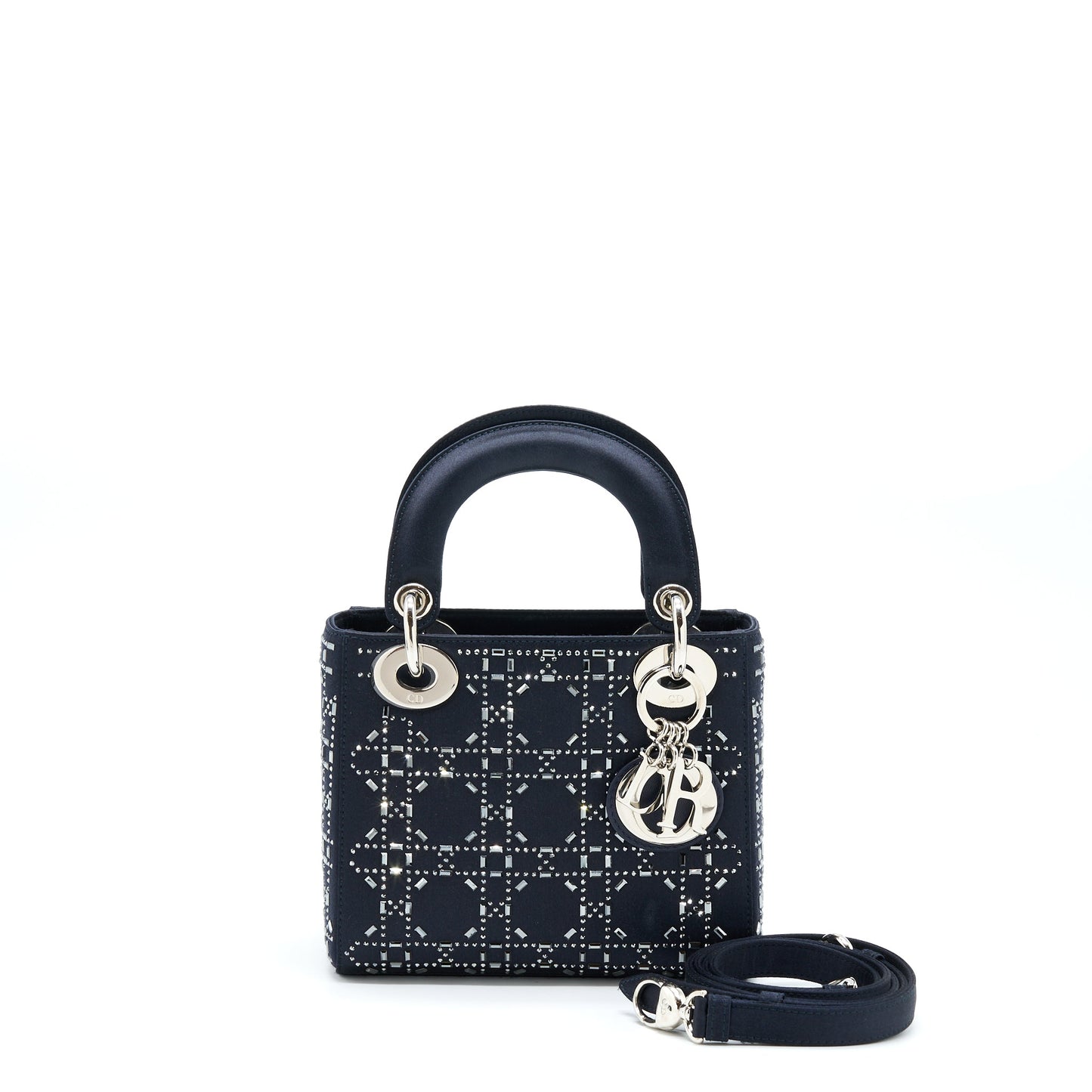 Luxury Dior Mini Lady Luxury Dior Satin Crystal Cannage Dark Blue SHW