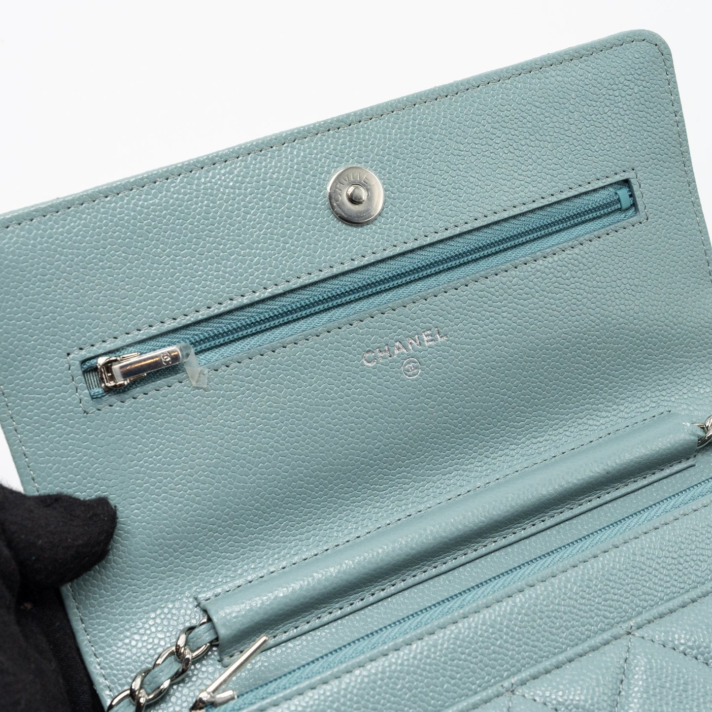 Chanel Classic wallet on chain caviar light blue SHW