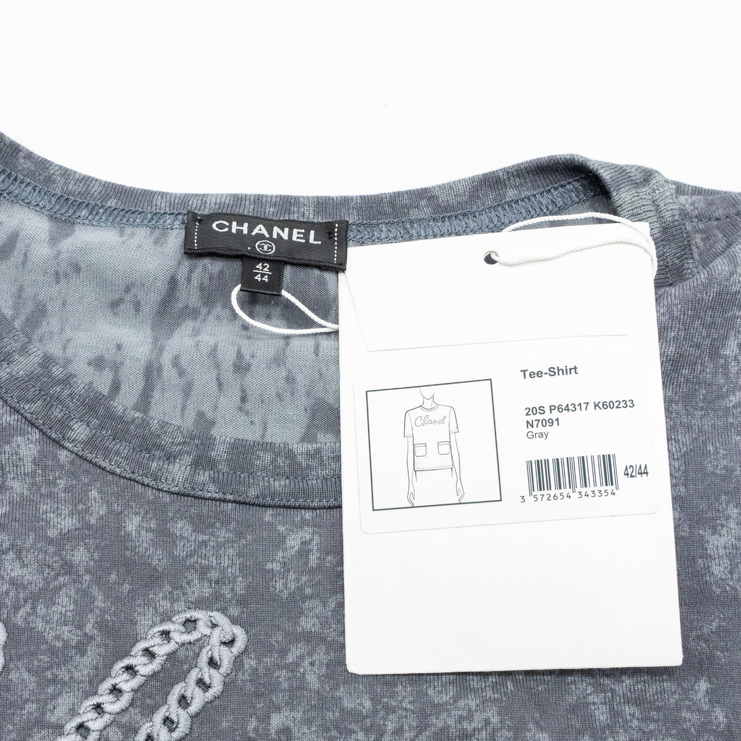 Chanel Size 42/44 20S Signature Logo with Crystal CC Logo Plaque T-shirt Cotton Gray