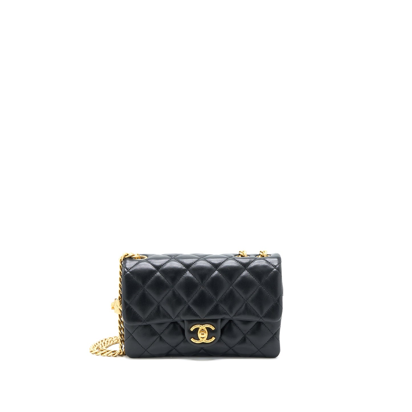 Chanel 22K Gold Pillar Adjustable Chain Flap Bag Lambskin Black Brushed GHW (Microchip)